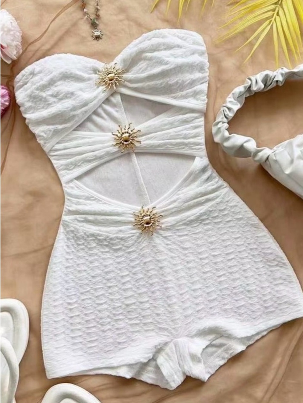 White Strapless Bandeau Romper Gold Detail Knit Playsuit